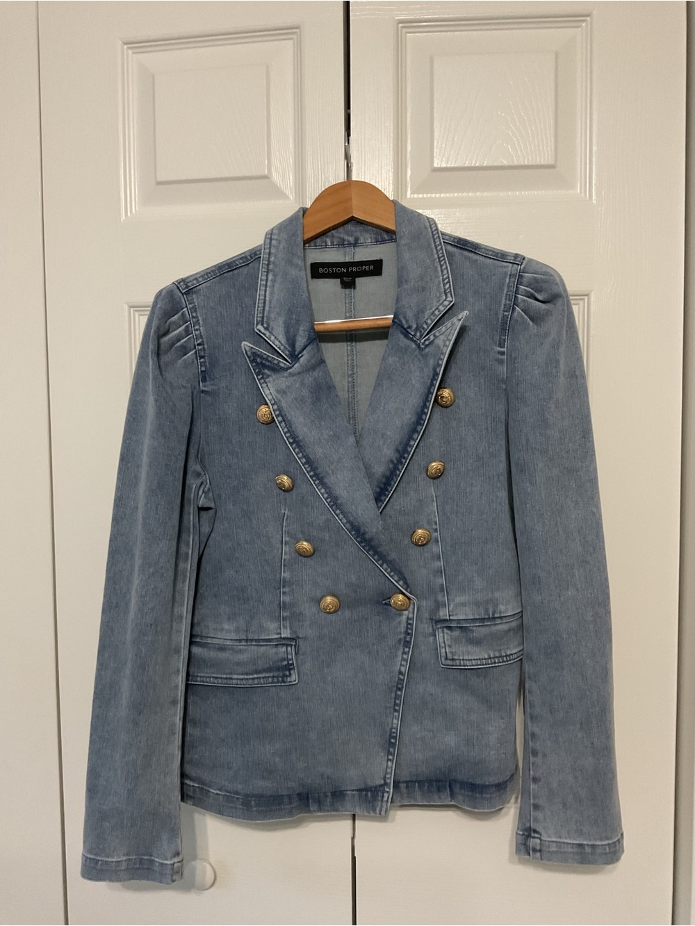 Boston Proper Women's Blue Denim Double-Breasted Blazer
